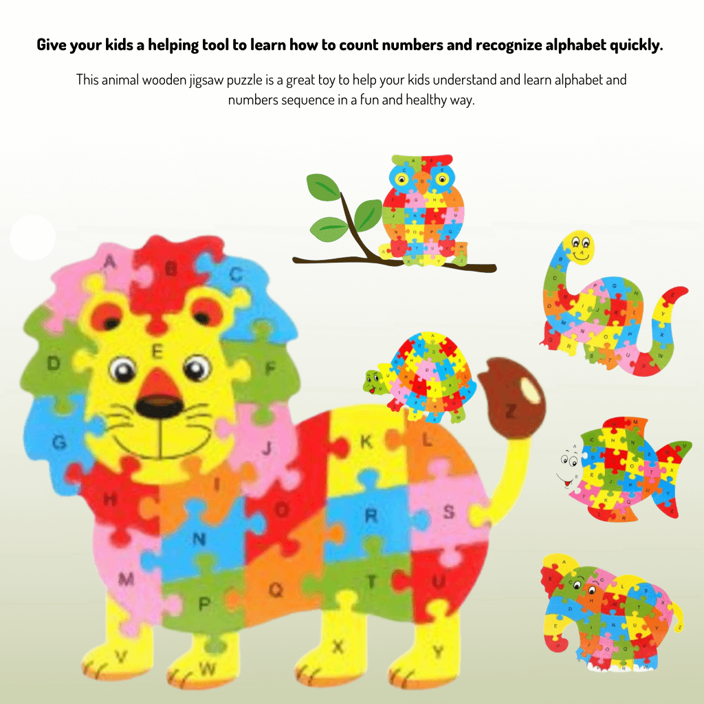Wooden Jigsaw Puzzle Animal Alphabet Multicolor-Educational Toys for Kids